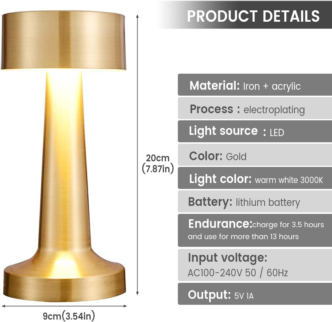 Rechargeable LED Table Lamp – Touch Control, Dimmable, Cordless Metal Desk Lamp with 3 Color Modes