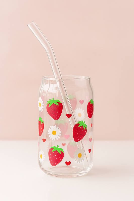 Red Strawberry Can Glass tumbler with wooden lid and glass straw | Strawberry glass tumbler