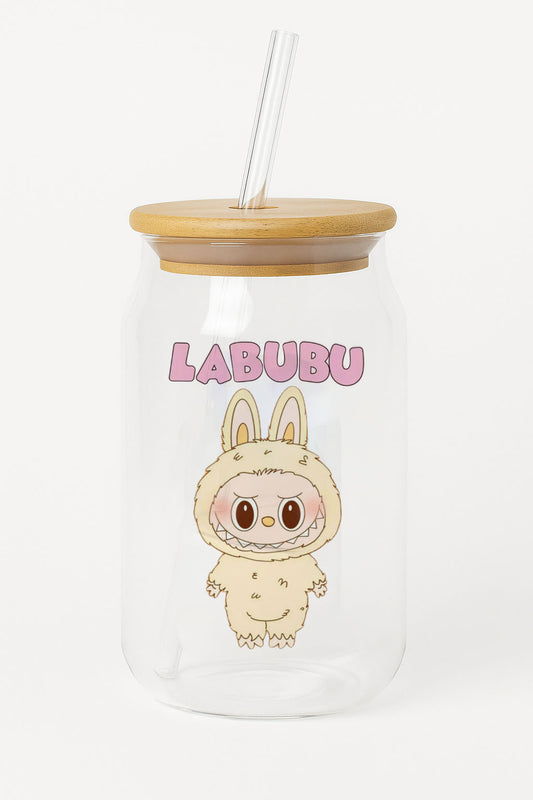 Labubu Can Glass tumbler with wooden lid and glass straw | Labubu glass tumbler