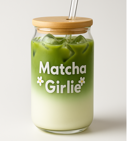 Matcha Girlie Glass tumbler with wooden lid and glass straw | Matcha Girlie glass tumbler