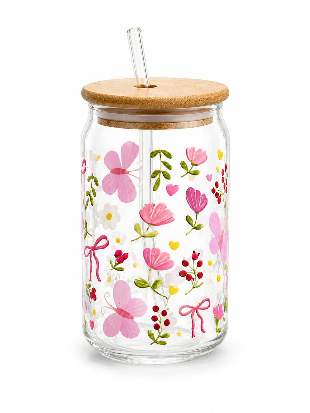 Butterfly Floral Garden Glass Tumbler with Bamboo Lid & Glass Straw