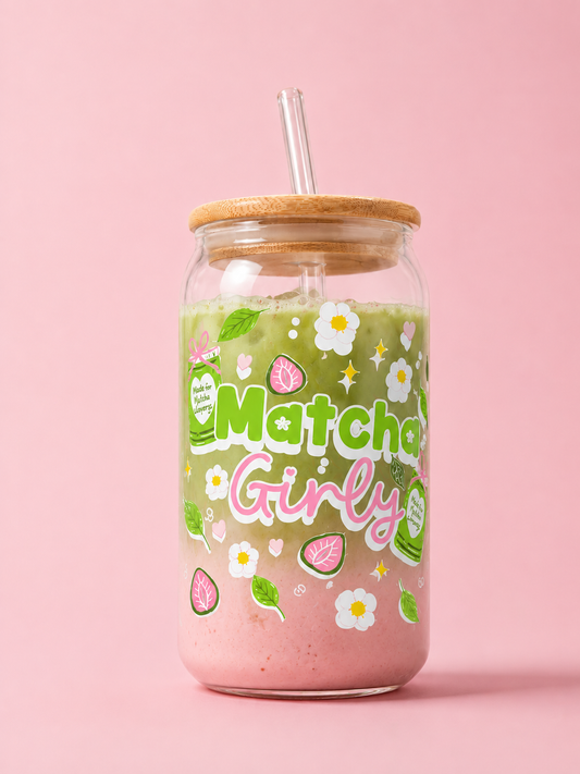 Matcha girly Glass tumbler with wooden lid and glass straw| Matcha doodle print tumbler