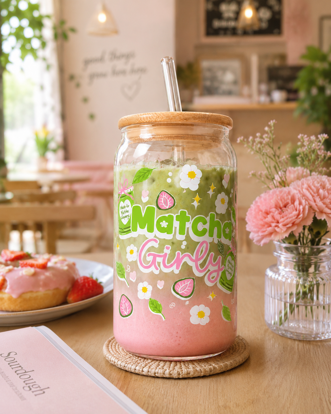 Matcha girly Glass tumbler with wooden lid and glass straw| Matcha doodle print tumbler