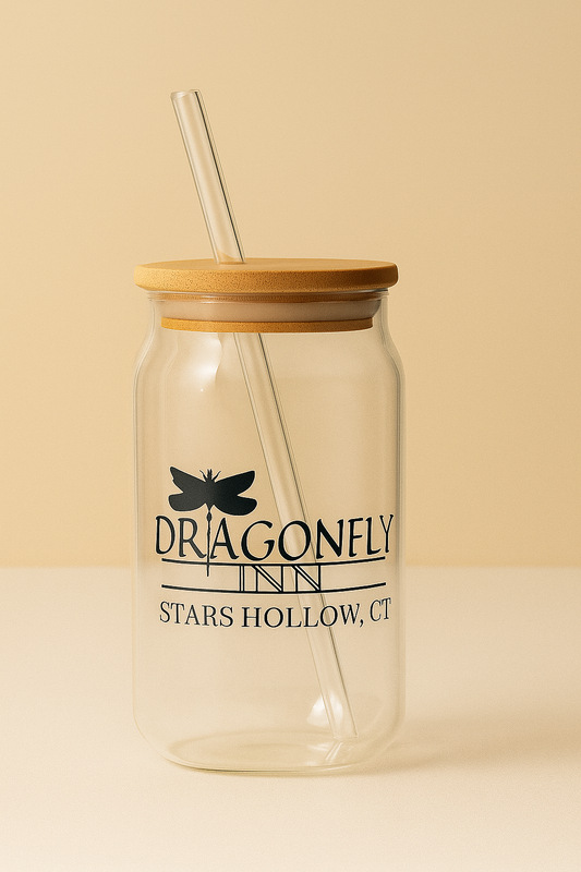 Dragonfly Inn Glass tumbler with wooden lid and glass straw |Gilmore girls themed glass tumbler