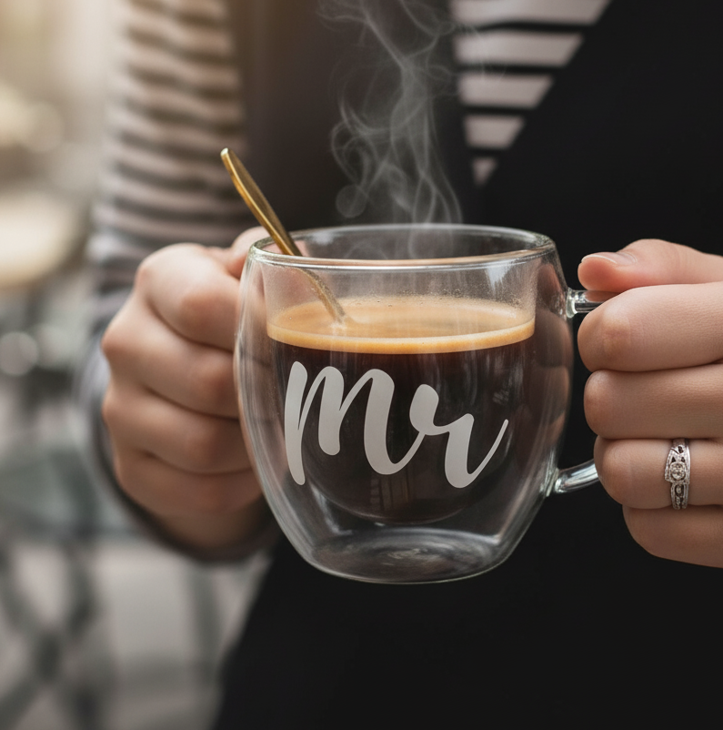 Mr & Mrs Glass Mug – Double Wall Insulated Clear Cup for Coffee, Tea & Lattes
