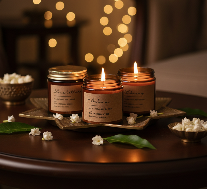 Diwali Scented candle Gift Hamper: Set of 3 candles| Luxe Hamper Box- Autumn + Love letters+ Library