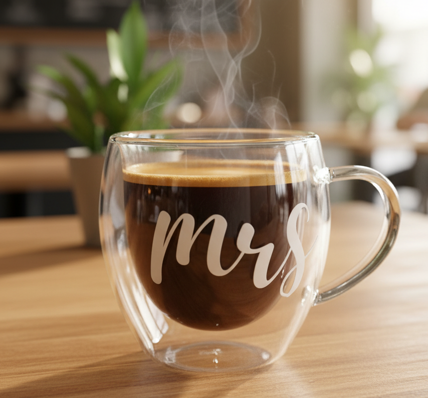 Mr & Mrs Glass Mug – Double Wall Insulated Clear Cup for Coffee, Tea & Lattes