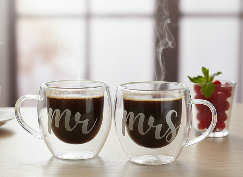 Mr & Mrs Glass Mug – Double Wall Insulated Clear Cup for Coffee, Tea & Lattes