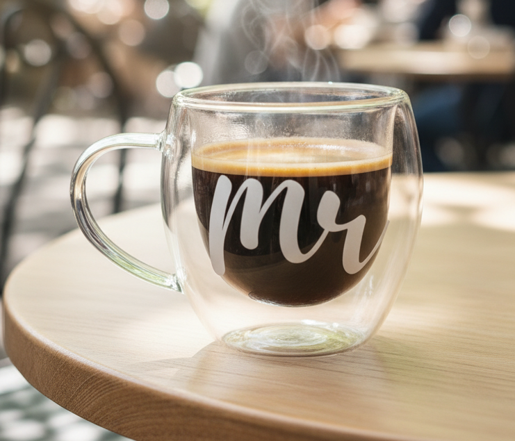 Mr & Mrs Glass Mug – Double Wall Insulated Clear Cup for Coffee, Tea & Lattes