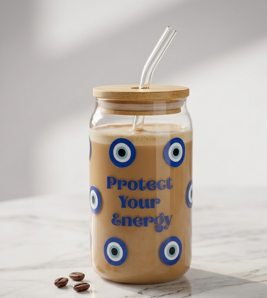 Protect your energy Glass tumbler with wooden lid and glass straw| Evil eyes Glass Sipper
