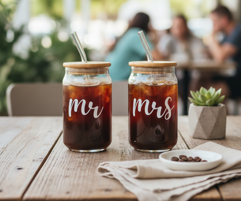 Mr & Mrs Glass Tumbler with straw