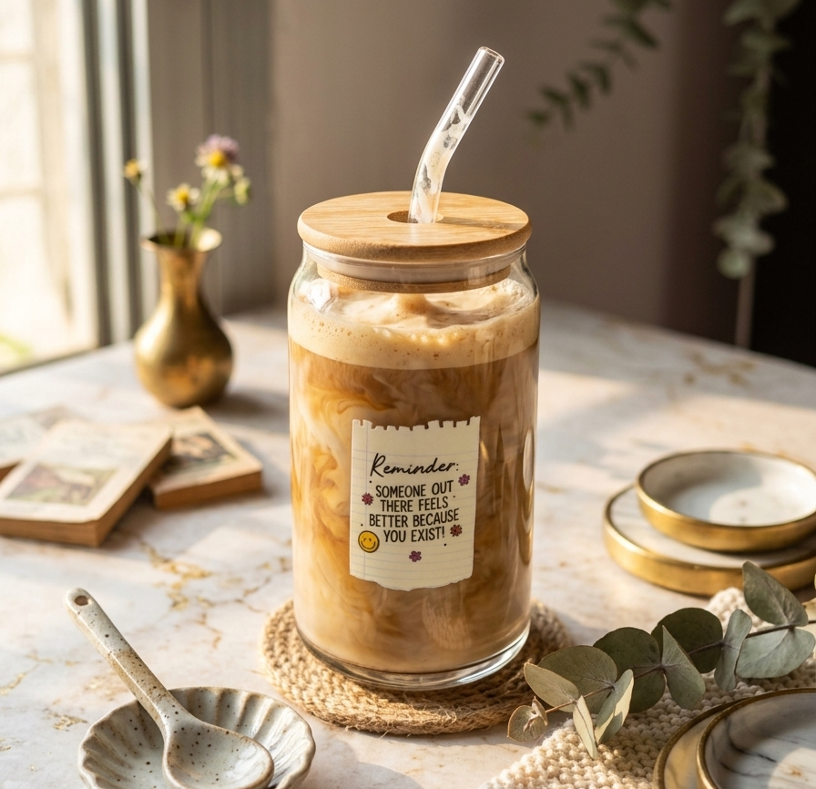 Reminder note Glass tumbler with wooden lid and glass straw