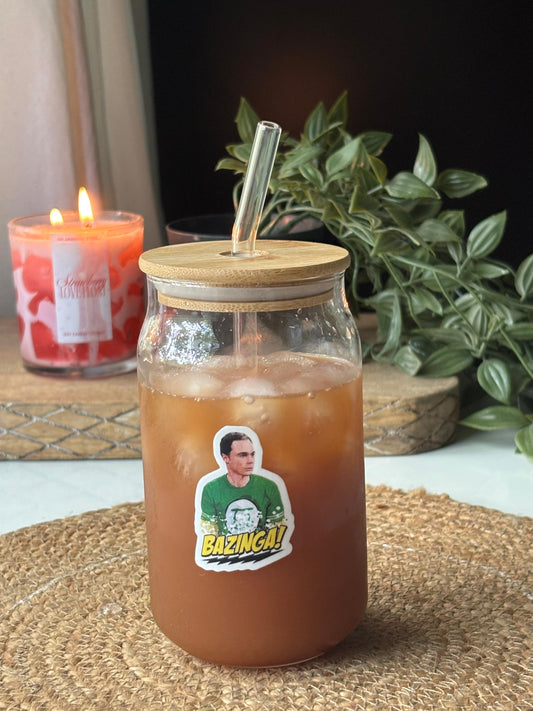 Bazinga Glass tumbler with wooden lid and glass straw | TBBT glass tumbler