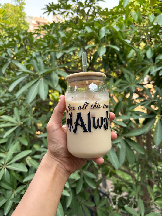 Always Can Glass tumbler with wooden lid and glass straw | Harry potter themed glass tumbler