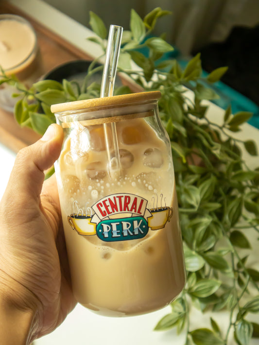 Central perk Glass tumbler with wooden lid and glass straw |FRIENDS themed glass tumbler