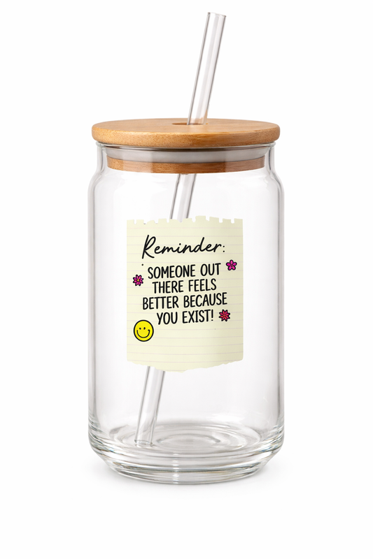 Glass jar with wooden lid and straw, featuring a motivational sticker on a white background