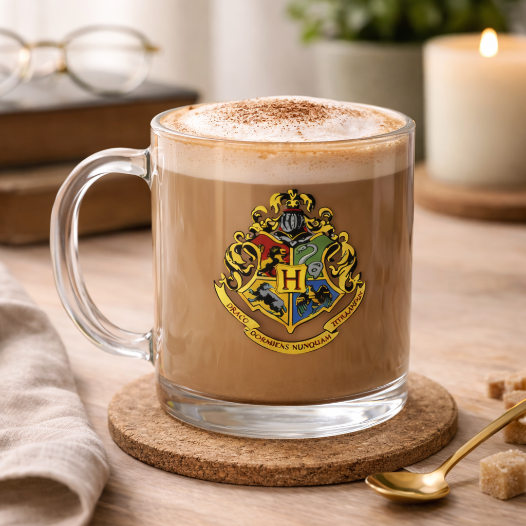 Glass mug with a Harry Potter logo filled with a hot beverage on a wooden table.