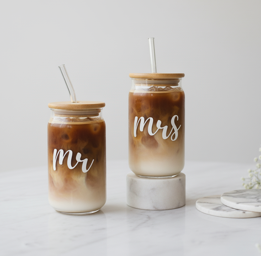 Mr & Mrs Glass Tumbler with straw