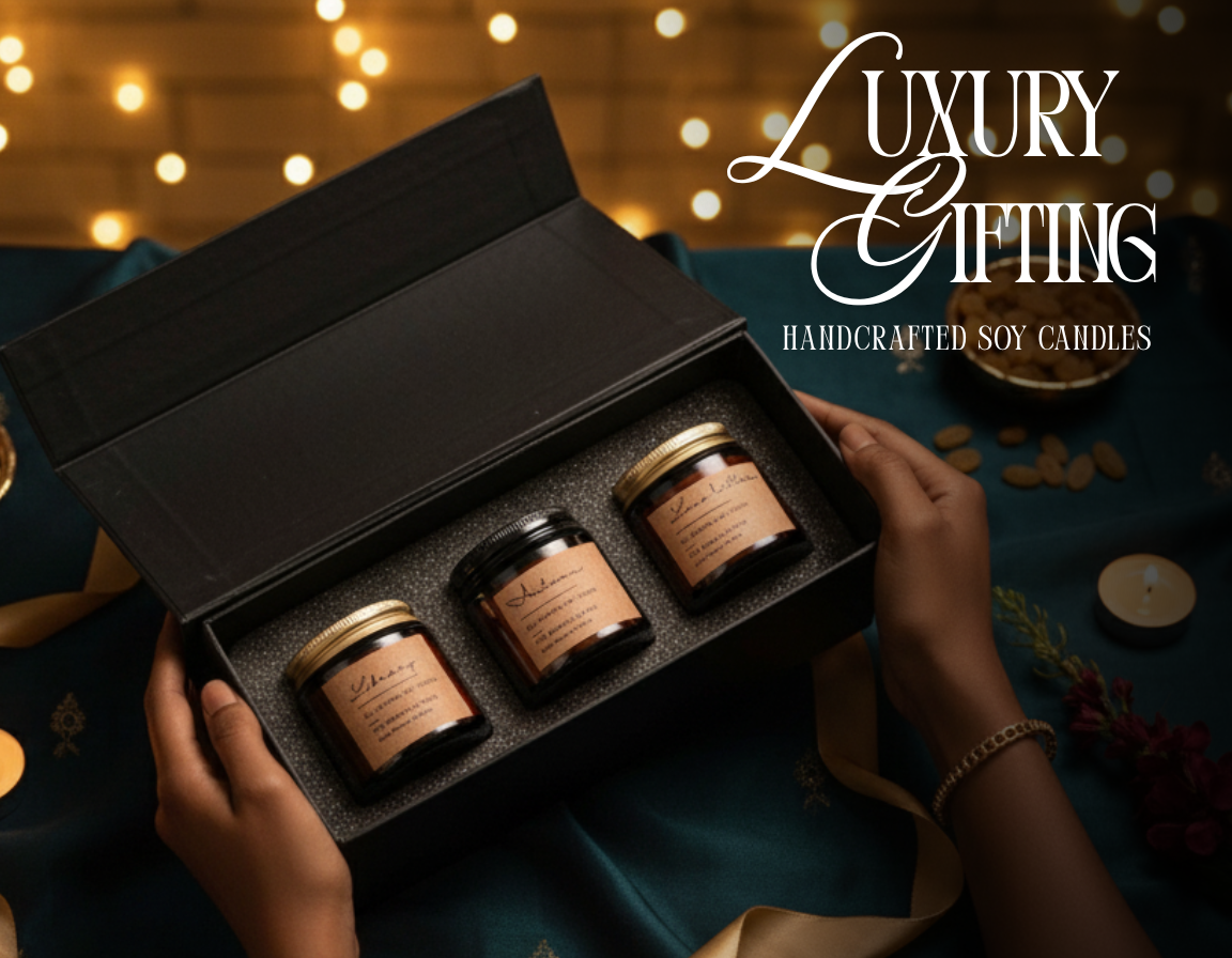 Diwali Scented candle Gift Hamper: Set of 3 candles| Luxe Hamper Box- Autumn + Love letters+ Library