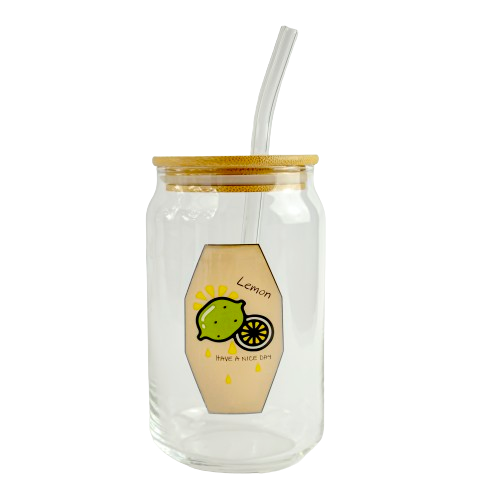 Can Glass tumbler with wooden lid and glass straw