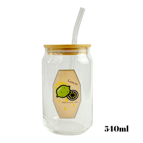 Can Glass tumbler with wooden lid and glass straw