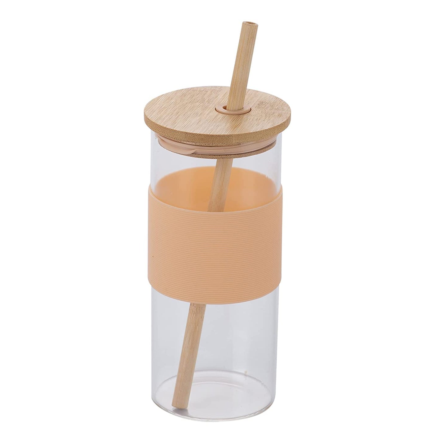 Glass tumbler with bamboo straw and silicone sleeve