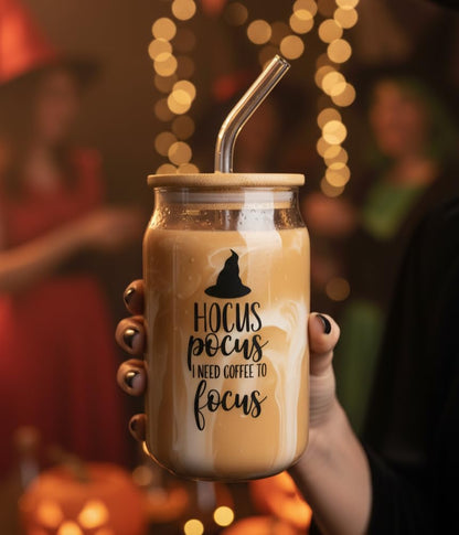 Hocus Pocus Glass tumbler with wooden lid and glass straw