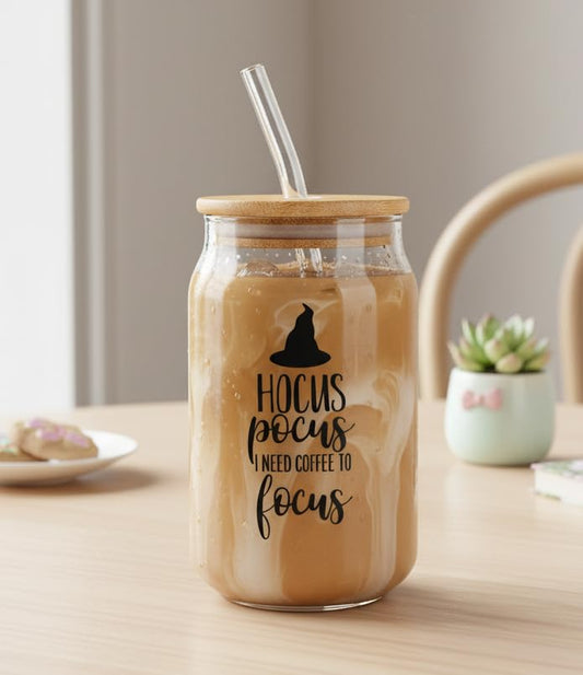 Hocus Pocus Glass tumbler with wooden lid and glass straw