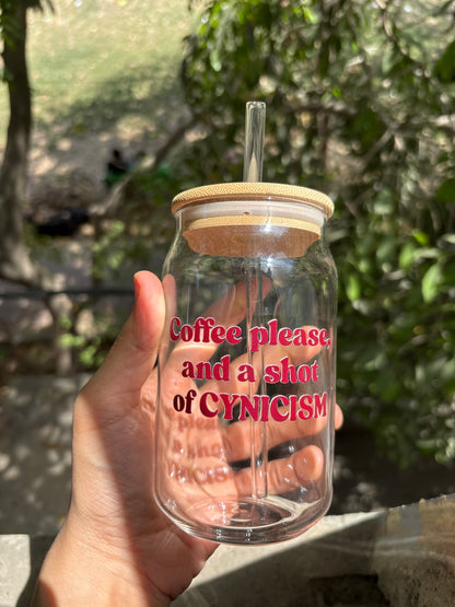Coffee please, and a shot of Cynicism Glass tumbler with wooden lid and glass straw |Gilmore girls themed glass tumbler