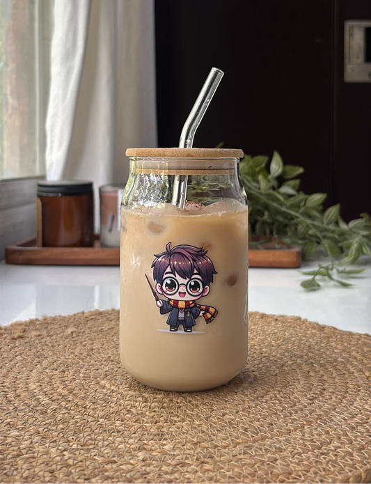 Harry Potter Can Glass tumbler with wooden lid and glass straw | Harry potter themed glass tumbler