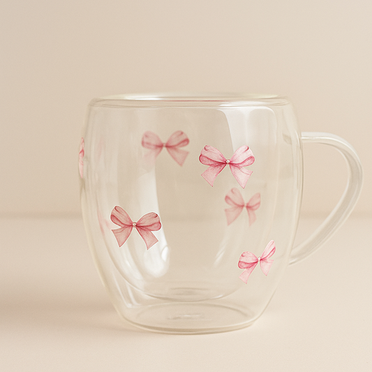 Clear glass mug with pink bow designs on a beige background