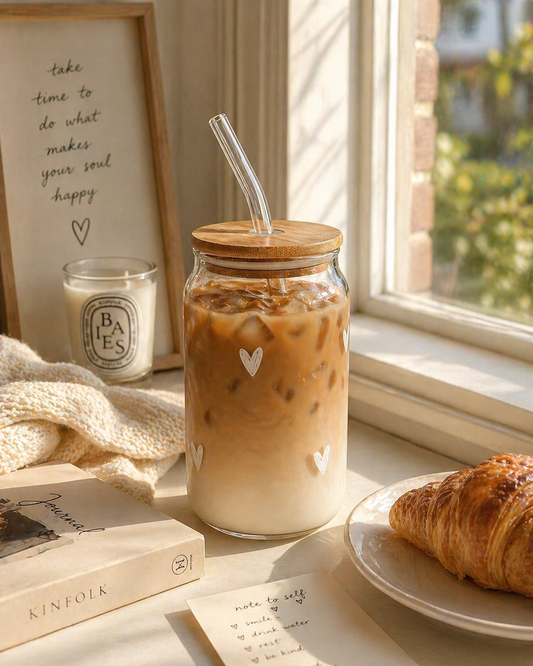 Doodle heart Glass tumbler with wooden lid and glass straw| Mini Heart Glass Sipper