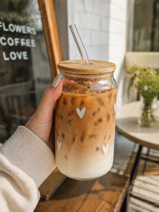 Doodle heart Glass tumbler with wooden lid and glass straw| Mini Heart Glass Sipper