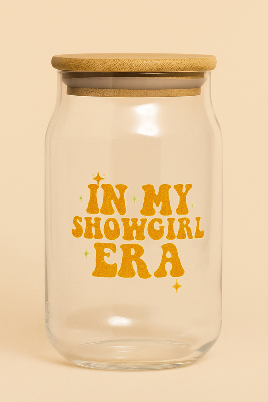 In my showgirl era Glass tumbler with wooden lid and glass straw | Taylor swift inspired themed glass tumbler