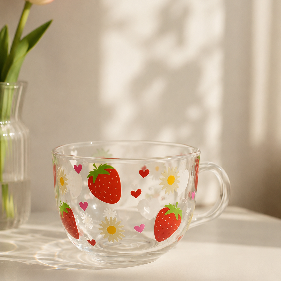 Clear glass mug with strawberry and daisy pattern on a light surface with a pink tulip in the background.