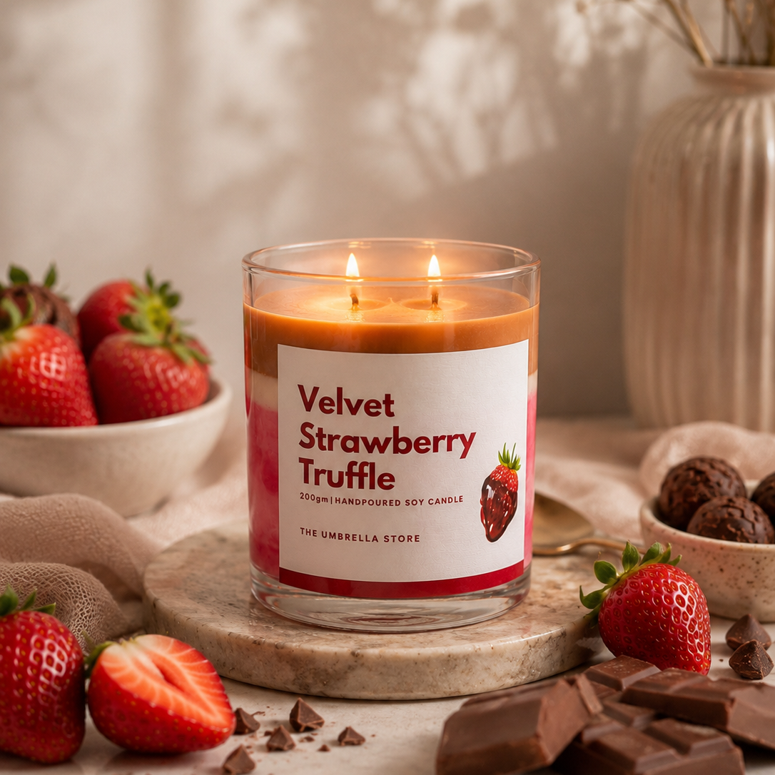 Velvet Strawberry Truffle Candle – Dessert Inspired Soy Wax Candle 🍓🍫