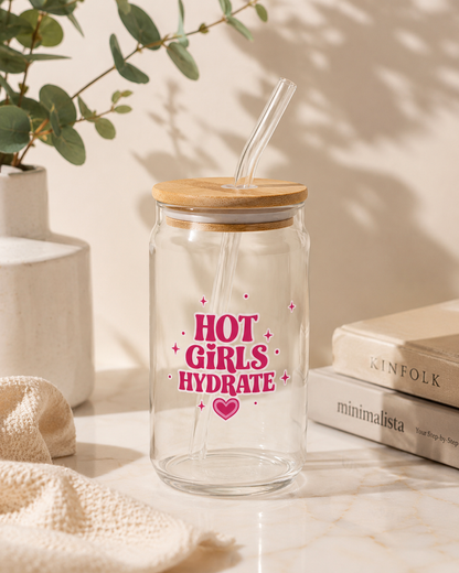 Hot girls hydrate Glass tumbler with wooden lid and glass straw