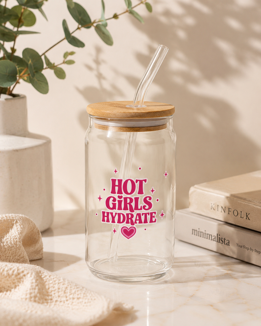 Hot girls hydrate Glass tumbler with wooden lid and glass straw