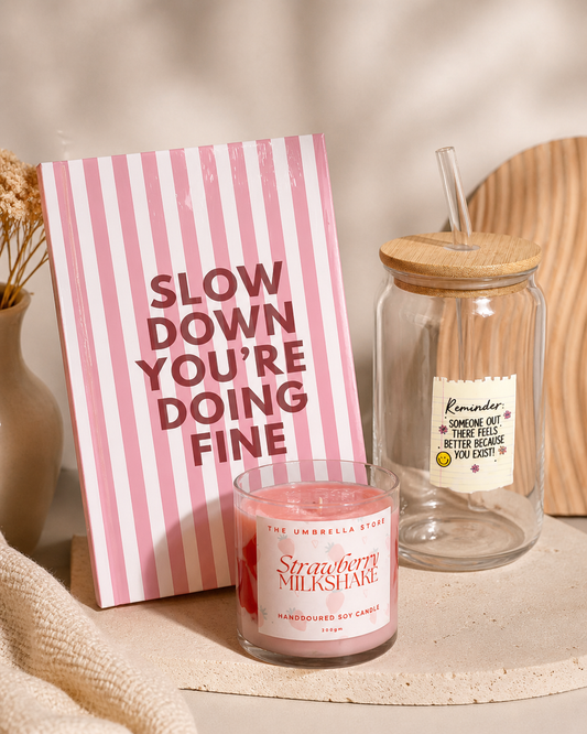 Slow down you're doing fine Gift Box – Candle, Journal & Glass tumbler