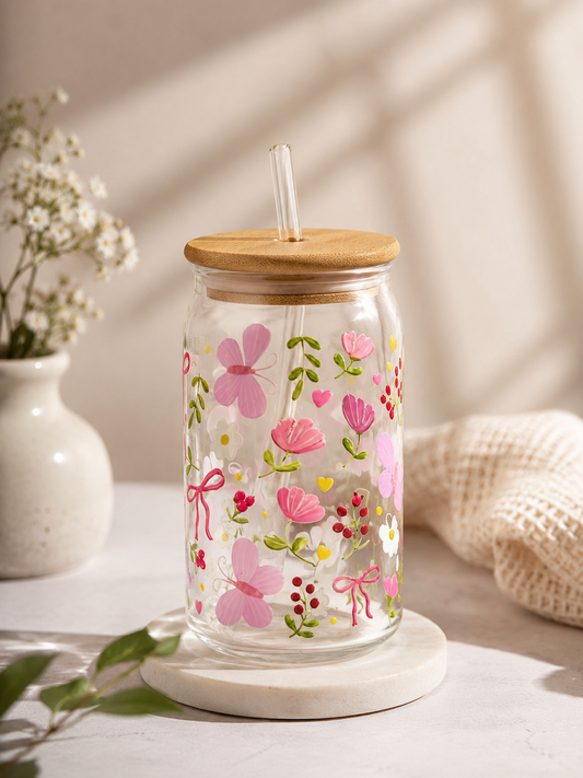 Butterfly Floral Garden Glass Tumbler with Bamboo Lid & Glass Straw