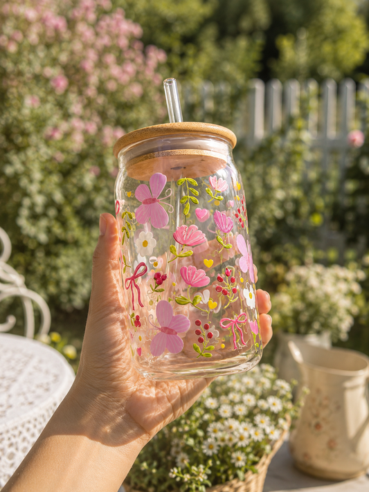 Butterfly Floral Garden Glass Tumbler with Bamboo Lid & Glass Straw