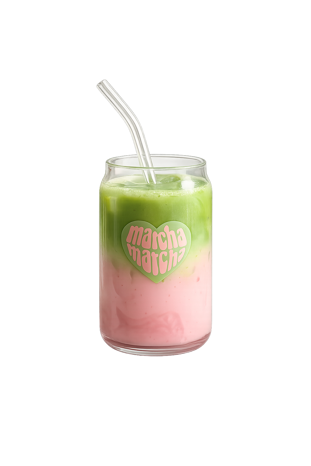 Glass with a layered green and pink drink and a straw, featuring a 'matcha matcha' heart logo on a white background.