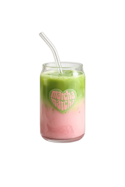 Glass with a layered green and pink drink and a straw, featuring a 'matcha matcha' heart logo on a white background.