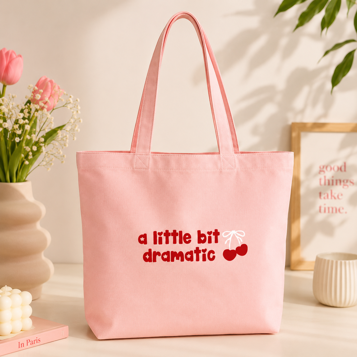 "A little bit dramatic" Baby Pink Tote Bag | Minimal Pink Aesthetic Canvas Tote