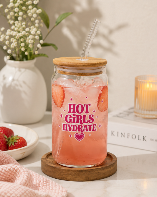 Hot girls hydrate Glass tumbler with wooden lid and glass straw