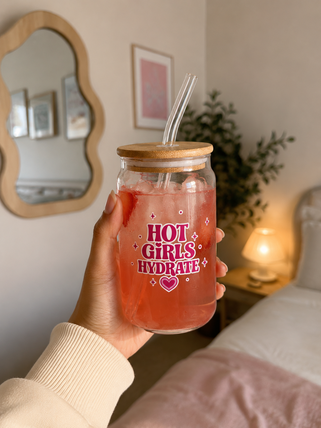 Hot girls hydrate Glass tumbler with wooden lid and glass straw