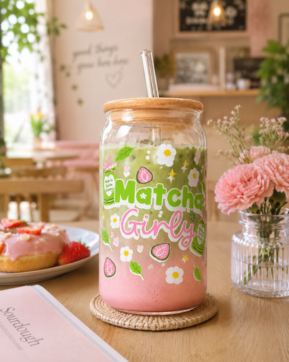 Matcha girly Glass tumbler with wooden lid and glass straw| Matcha doodle print tumbler