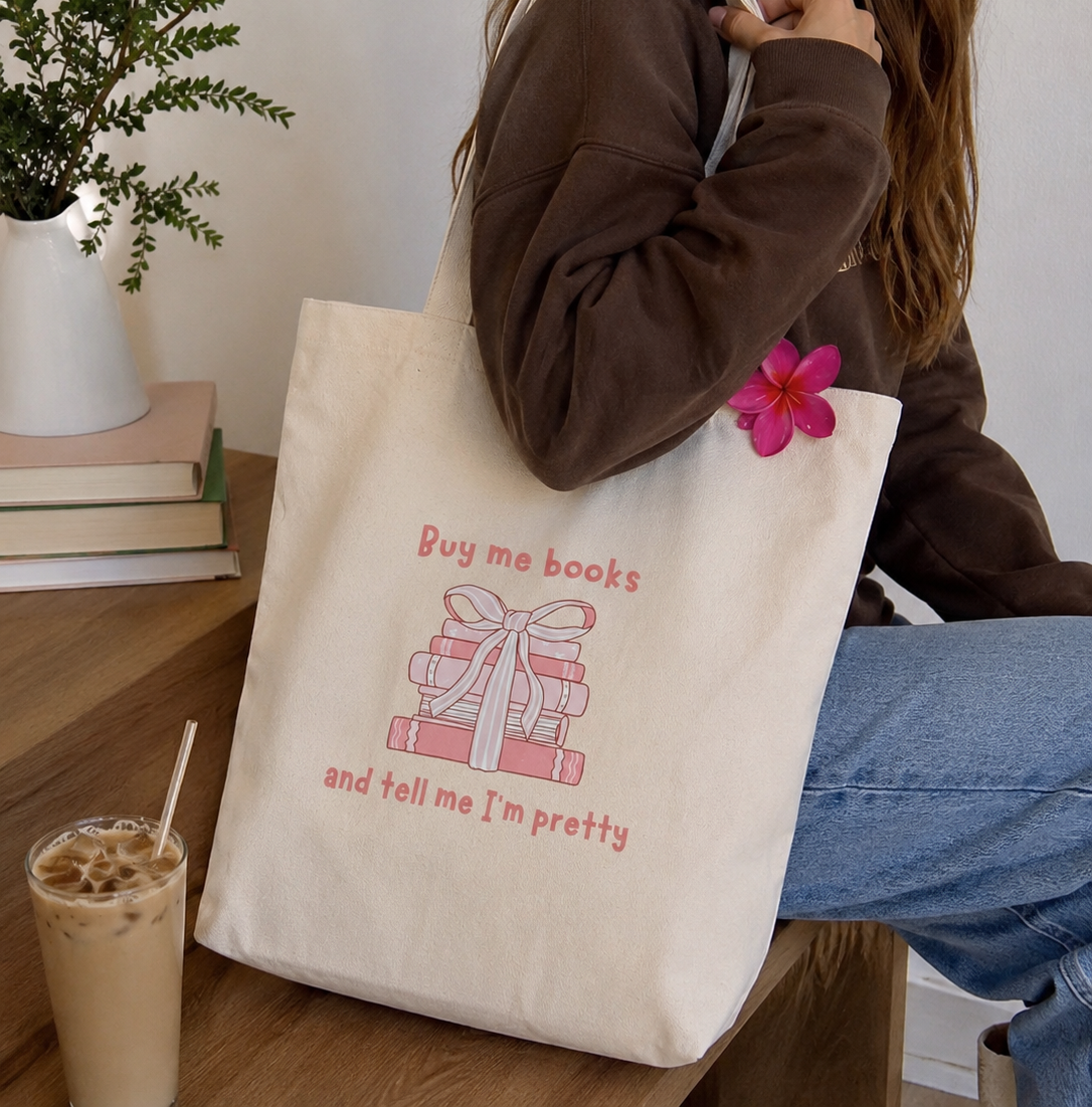 Buy Me Books Tote Bag | Coquette Book Lover Aesthetic Canvas Tote