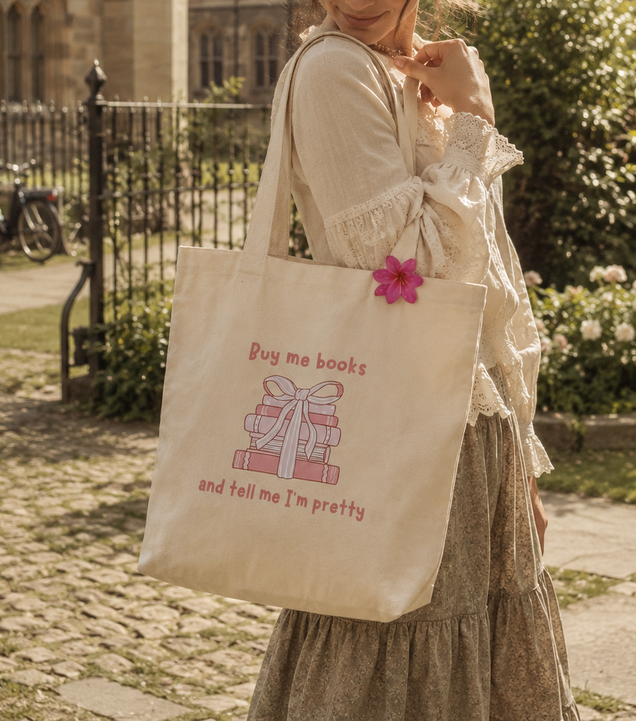 Buy Me Books Tote Bag | Coquette Book Lover Aesthetic Canvas Tote