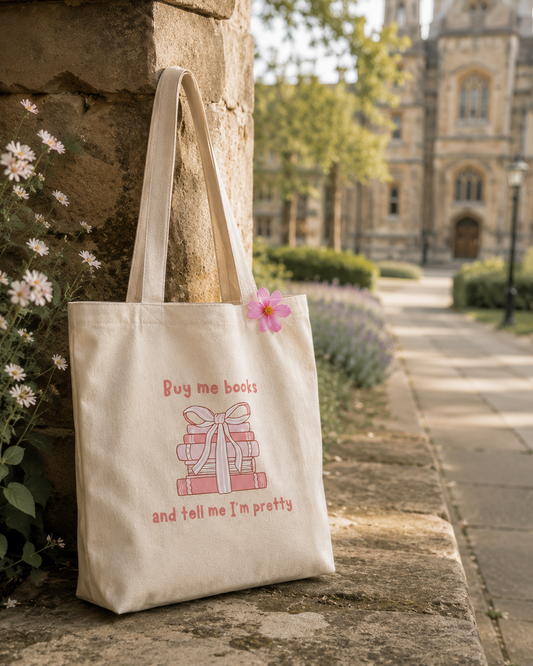 Buy Me Books Tote Bag | Coquette Book Lover Aesthetic Canvas Tote